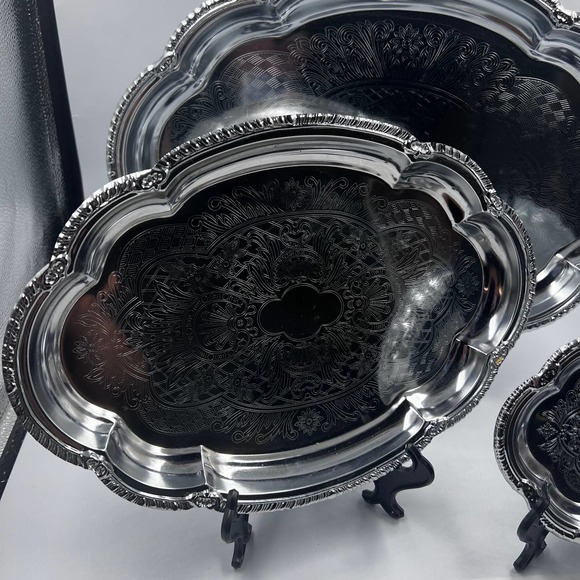 Vintage Set Three Silver Tone Trays Etched Decorative Stacking MidCentury - Picture 9 of 9